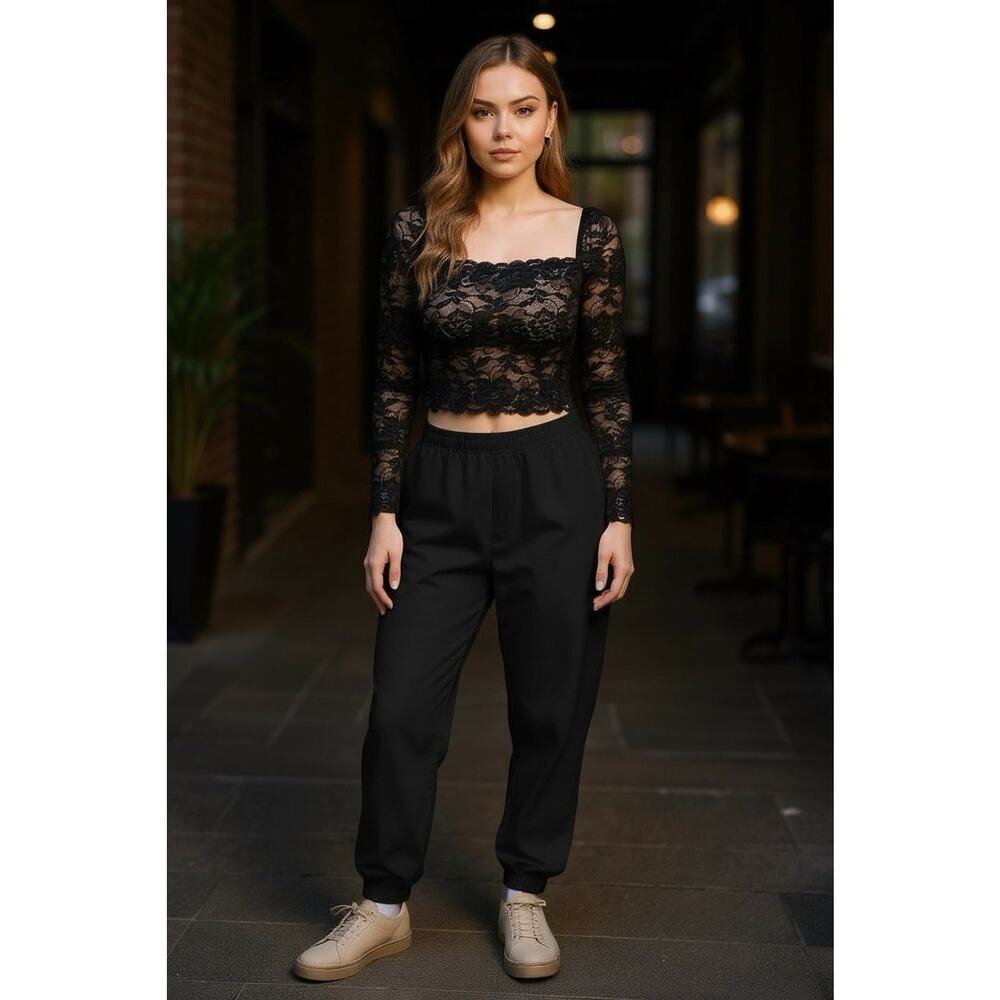 GUESS Cropped Top Long Sleeve Black Lace Square Neck Witchy Whimsigoth Size M